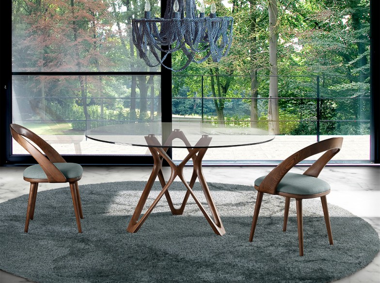 Mesa comedor redonda cristal templado y nogal