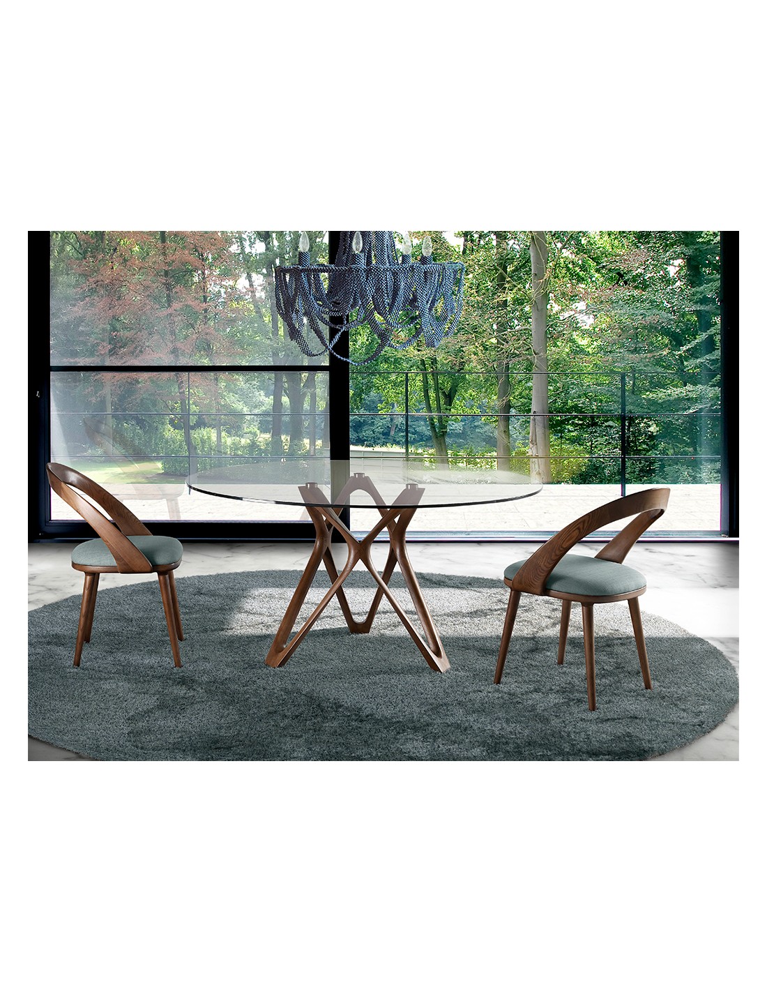 Mesa comedor redonda cristal templado y nogal