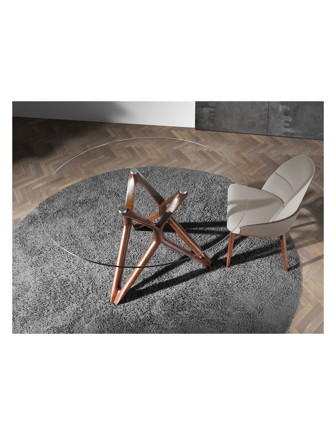 Mesa comedor redonda cristal templado y nogal