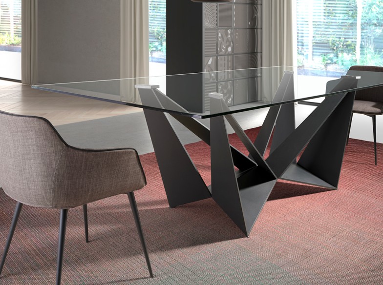 Mesa comedor rectangular cristal templado y acero negro