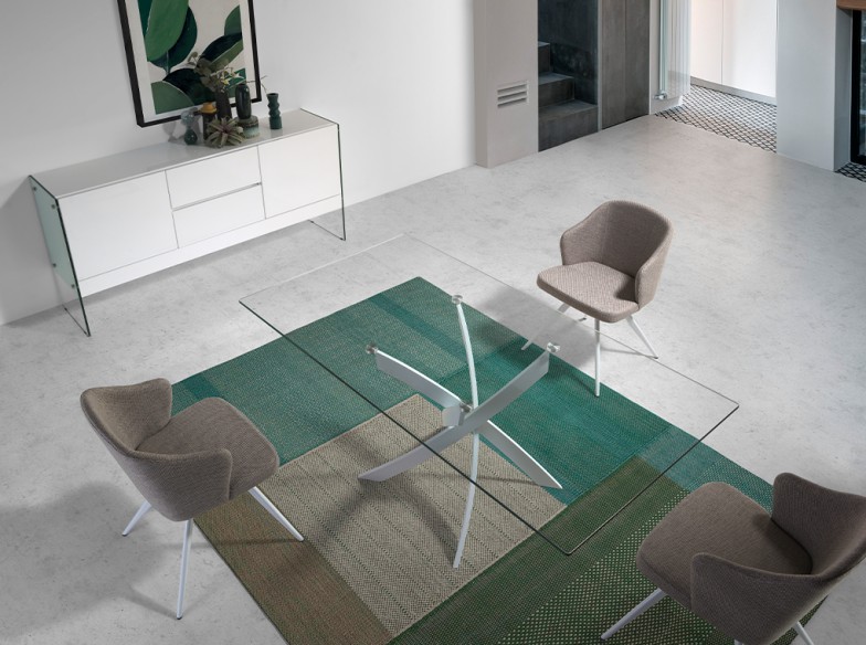 Mesa comedor rectangular cristal templado y acero blanco