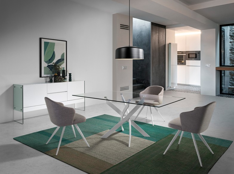 Mesa comedor rectangular cristal templado y acero blanco
