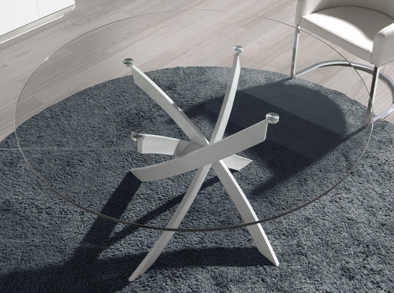 Mesa comedor redonda cristal templado y acero blanco
