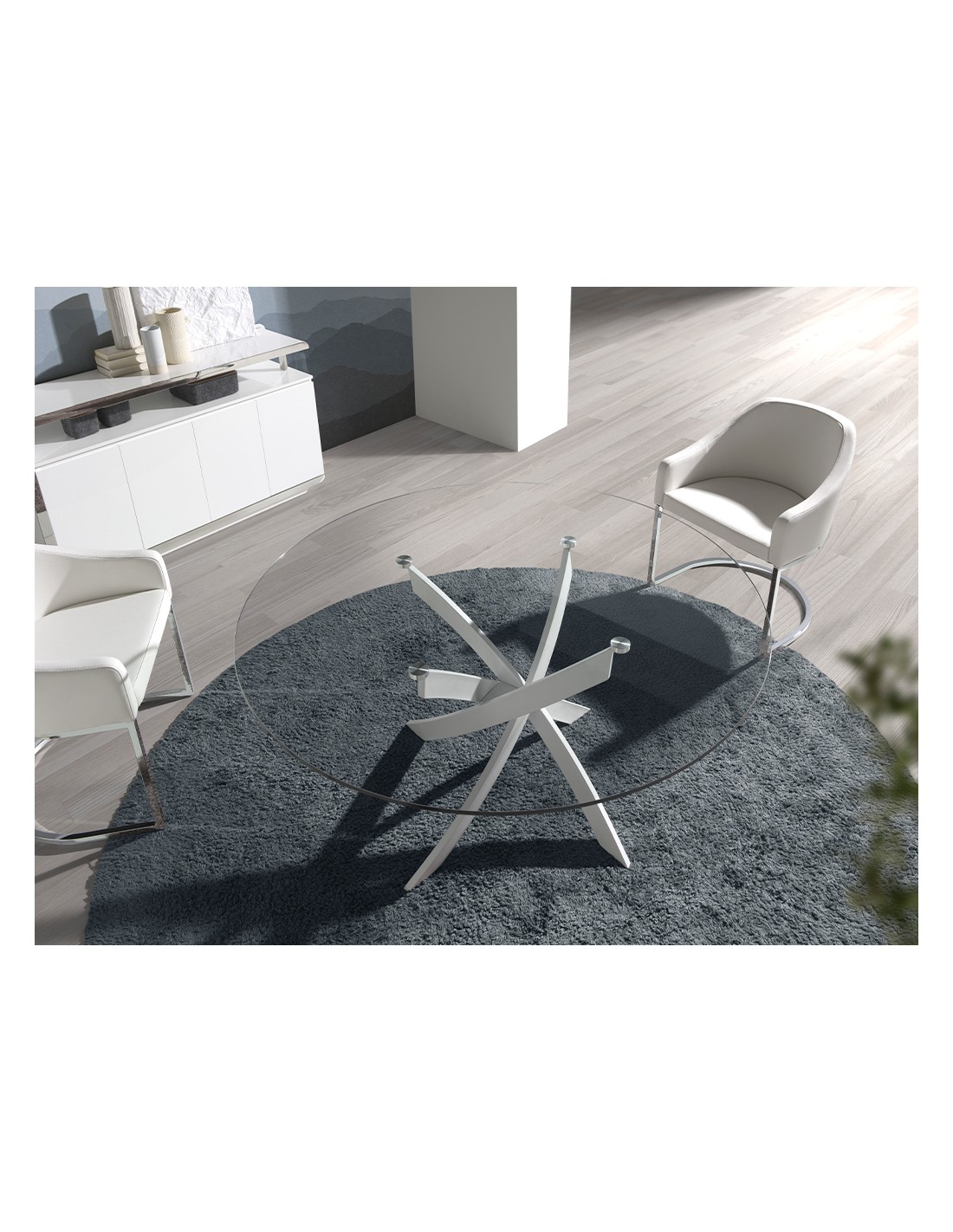 Mesa comedor redonda cristal templado y acero...