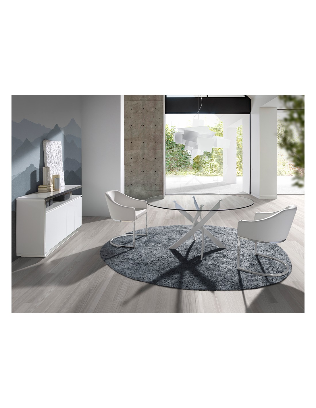 Mesa comedor redonda cristal templado y acero...