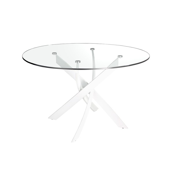 Mesa comedor redonda cristal templado y acero blanco