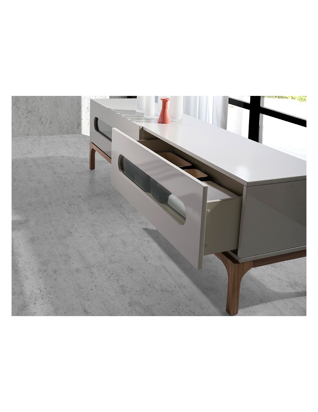 Mueble TV madera gris y nogal con iluminación...