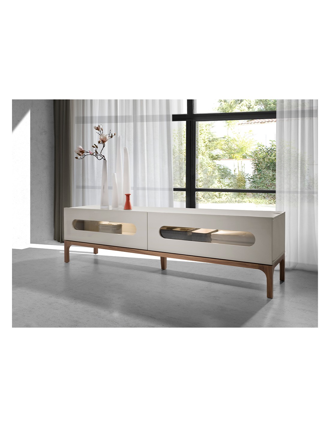 Mueble TV madera gris y nogal con iluminación...