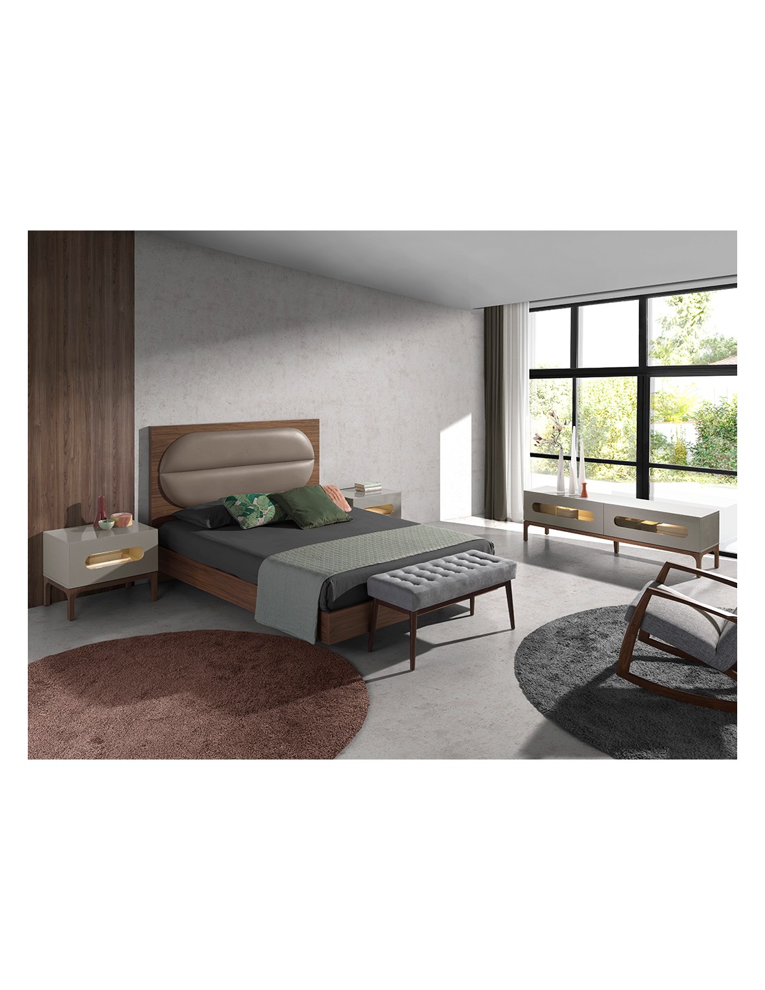 Mueble TV madera gris y nogal con iluminación...