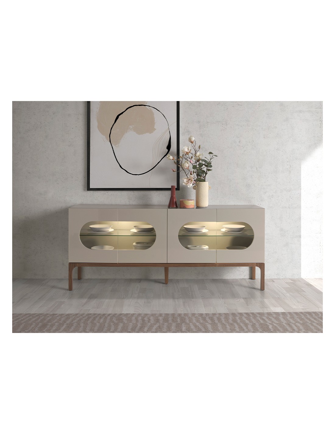 Aparador madera gris y nogal con iluminación...