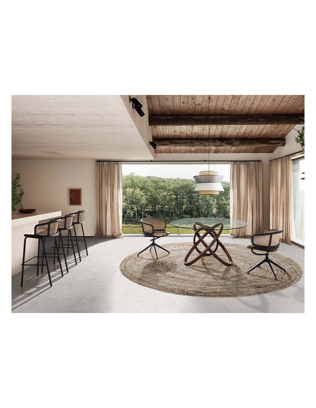 Silla giratoria rattan y terciopelo marrón