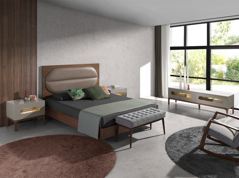 Mesita de noche madera gris y nogal con iluminación interior