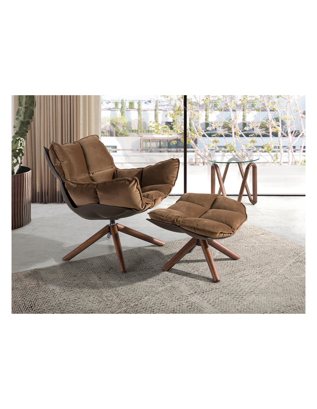 Sillón giratorio terciopelo marrón y pvc marrón