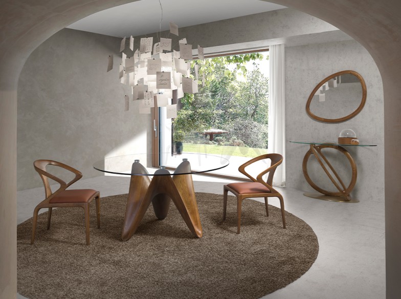 Consola ovalada cristal templado, nogal y acero pulido dorado