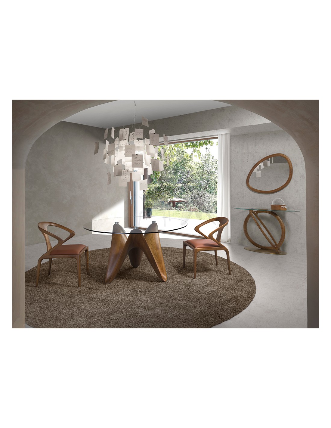 Consola ovalada cristal templado, nogal y acero...