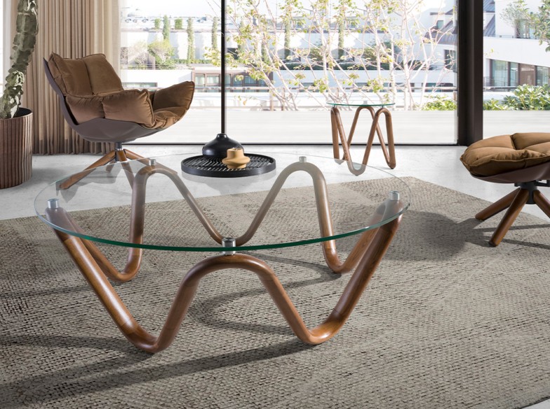 Mesa centro redonda cristal templado y nogal