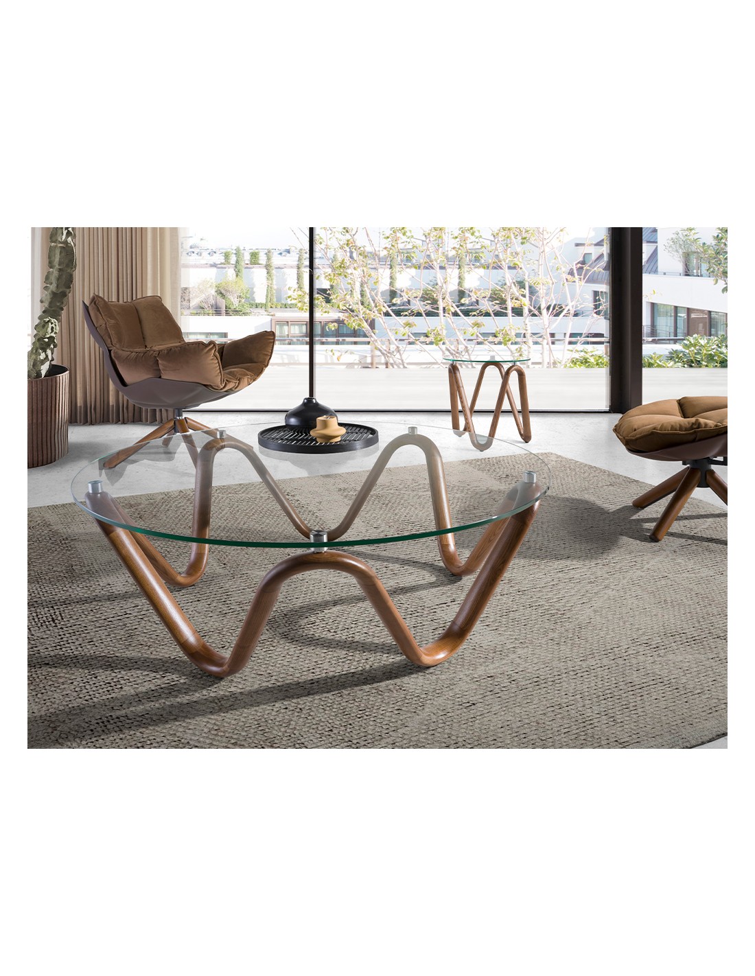 Mesa centro redonda cristal templado y nogal