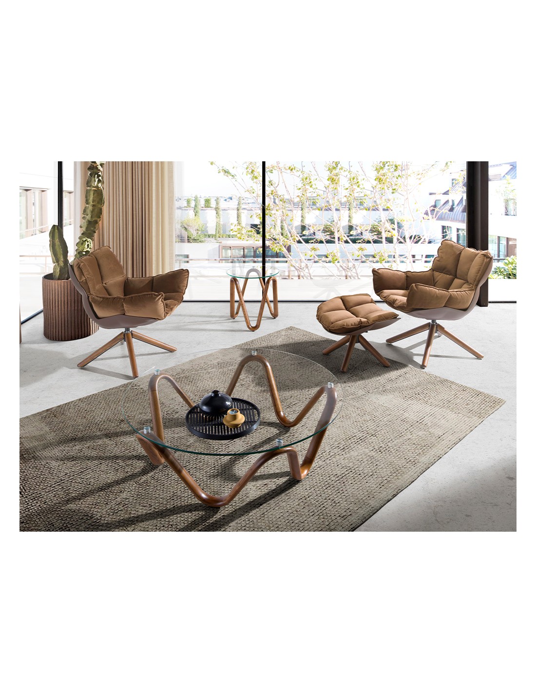 Mesa centro redonda cristal templado y nogal