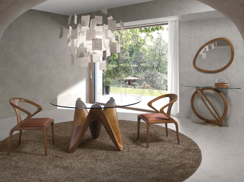 Mesa comedor redonda cristal templado y nogal