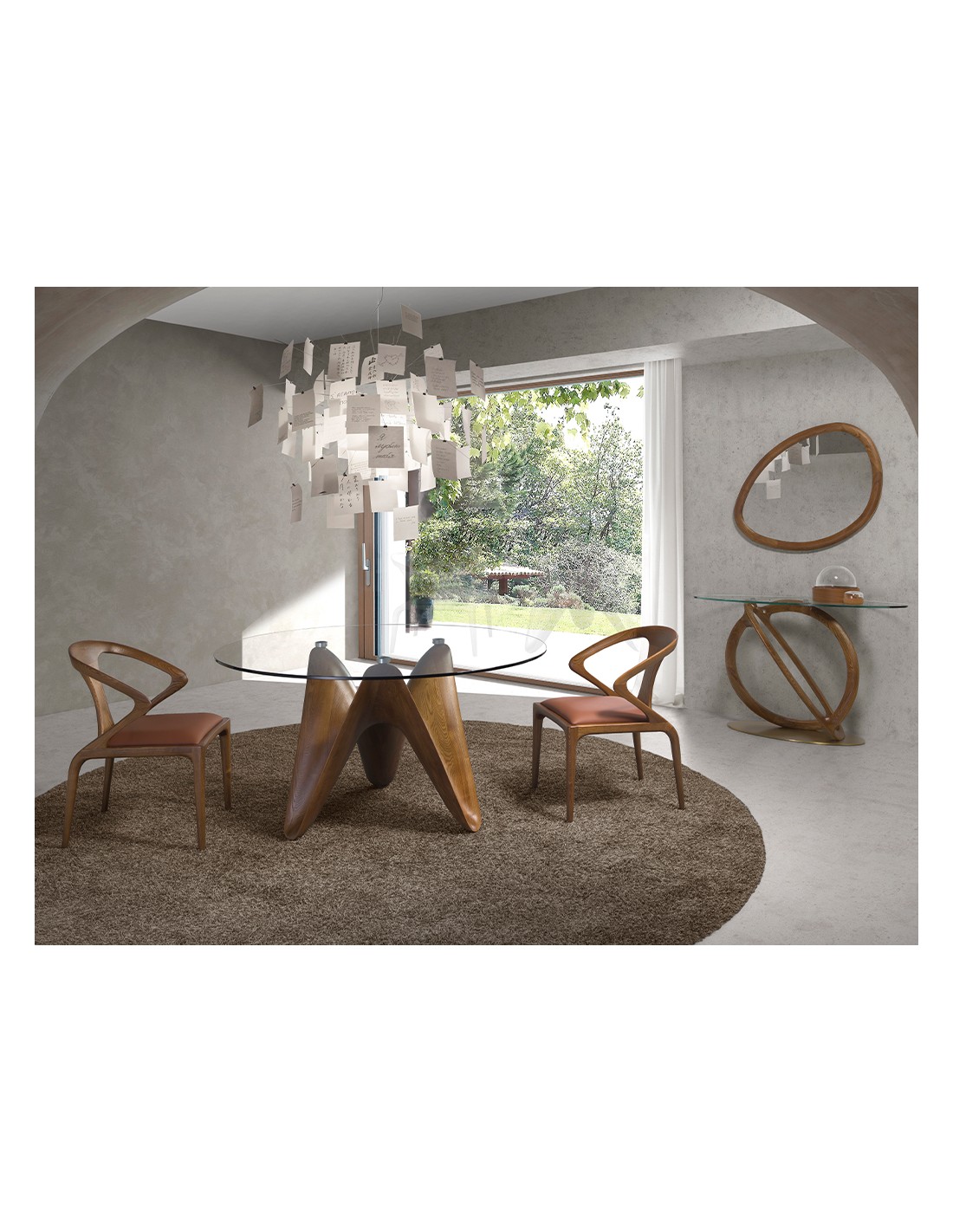 Mesa comedor redonda cristal templado y nogal