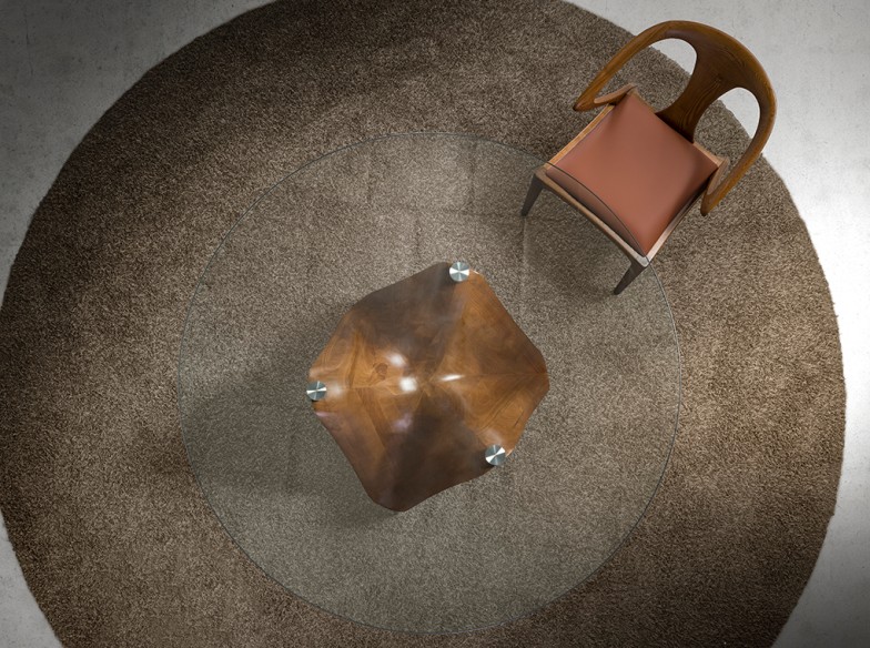 Mesa comedor redonda cristal templado y nogal