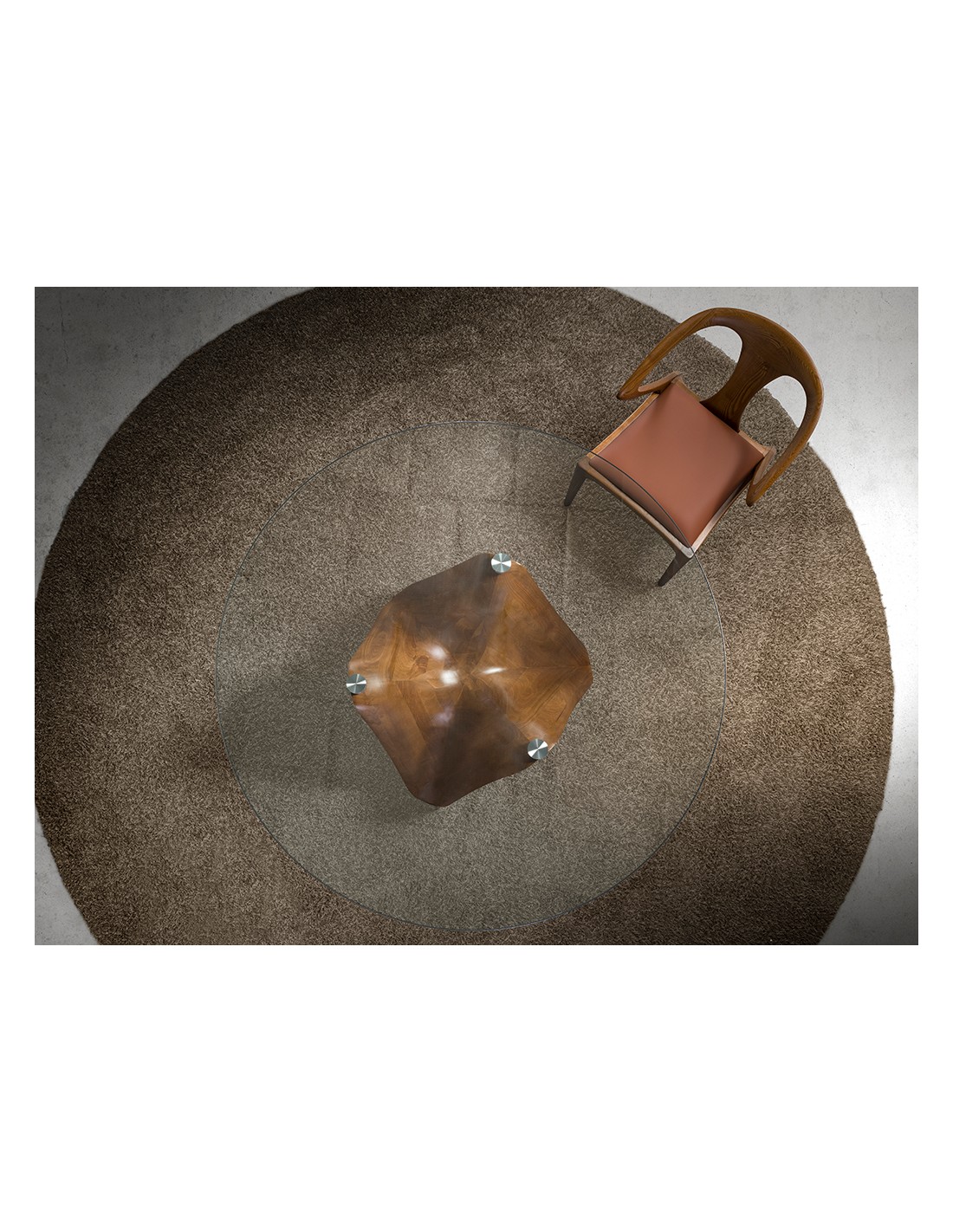 Mesa comedor redonda cristal templado y nogal