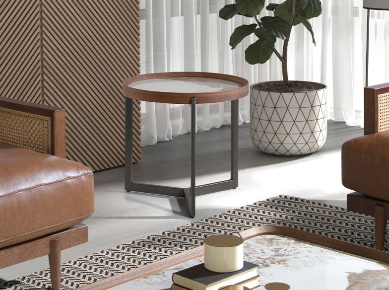 Mesa rincón redonda mármol porcelánico, nogal y acero visón metal