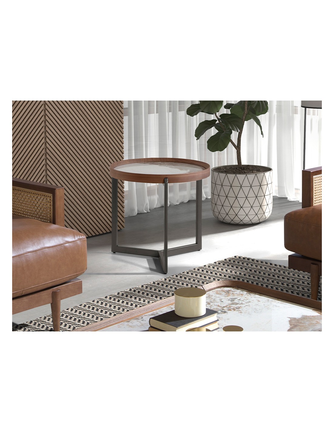 Mesa rincón redonda mármol porcelánico, nogal y...