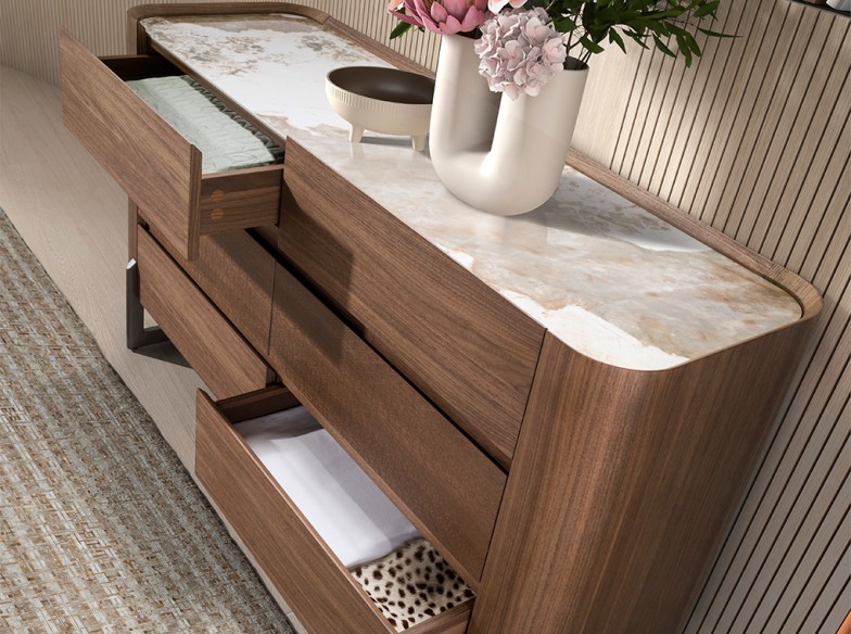 Cómoda nogal, acero visón metal y tapa de mármol porcelánico