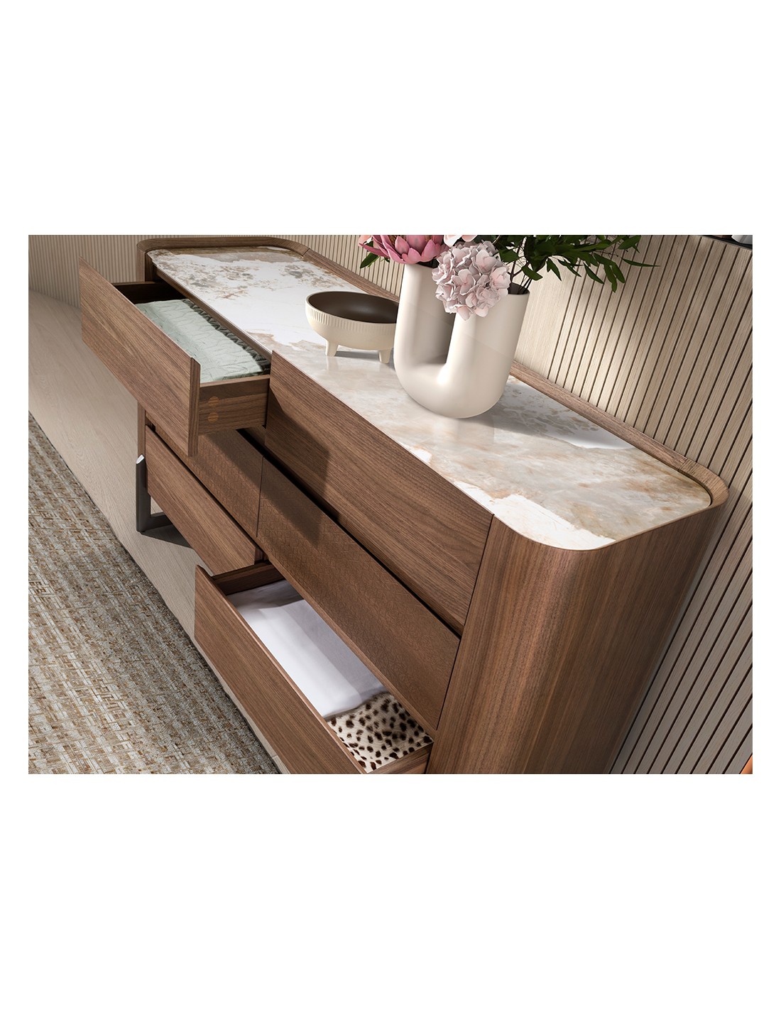 Cómoda nogal, acero visón metal y tapa de...