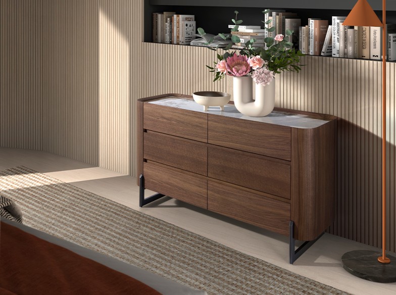 Cómoda nogal, acero visón metal y tapa de mármol porcelánico