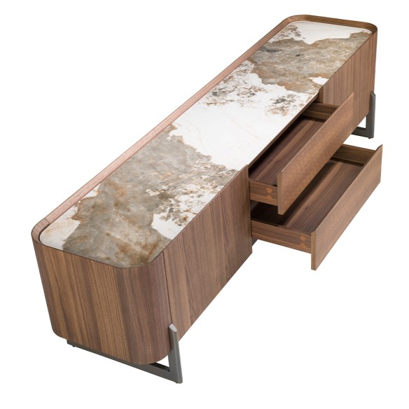 Mueble TV nogal, acero visón metal y tapa de mármol porcelánico