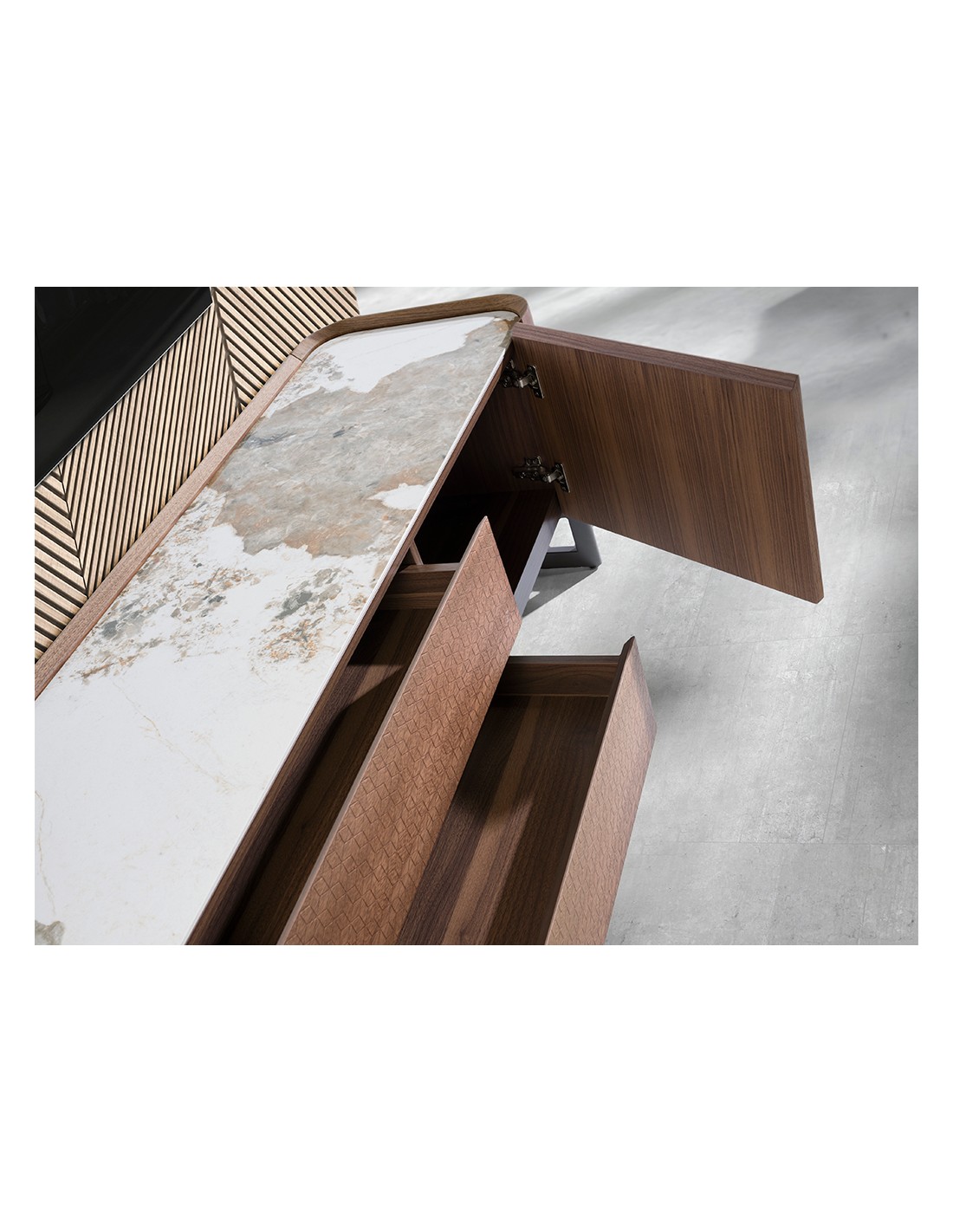 Mueble TV nogal, acero visón metal y tapa de...