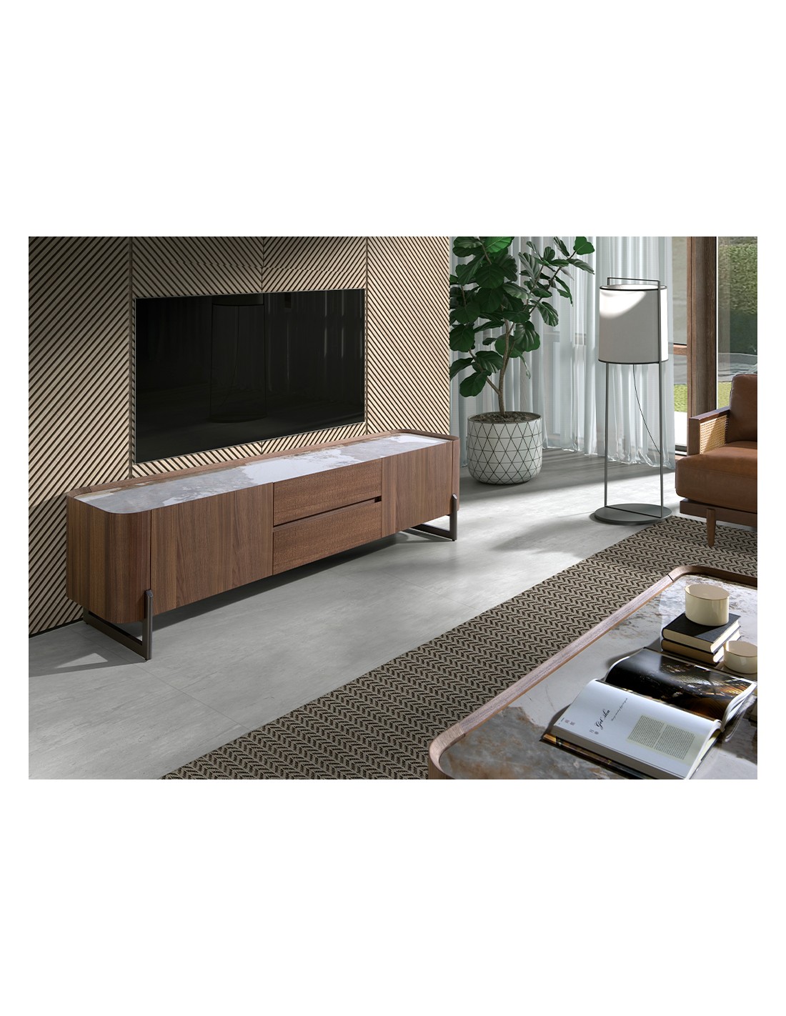 Mueble TV nogal, acero visón metal y tapa de...