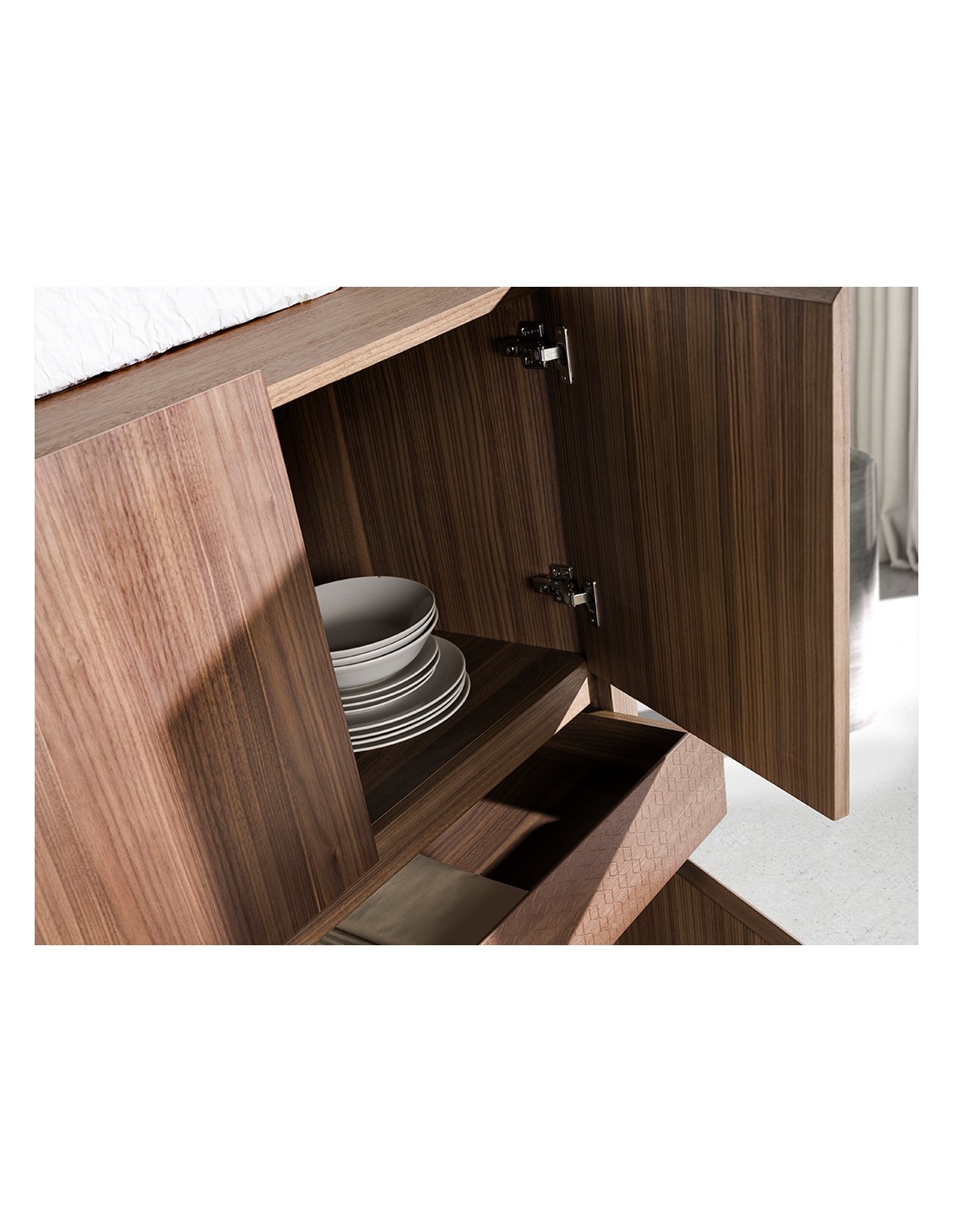 Aparador alto nogal y acero visón metal