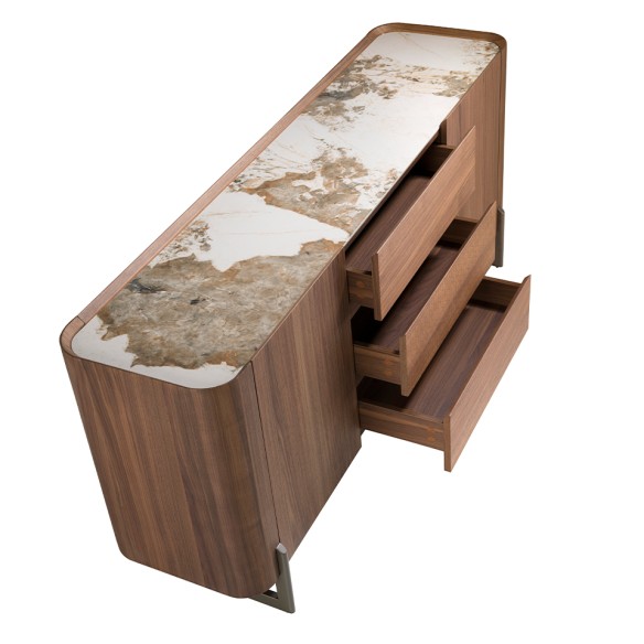 Aparador nogal, acero visón metal y tapa de mármol porcelánico