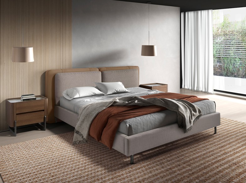 Mesita de noche nogal, acero visón metal y tapa de mármol porcelánico