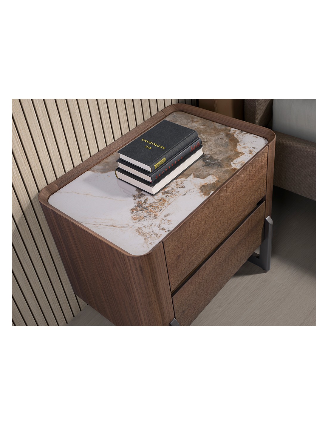 Mesita de noche nogal, acero visón metal y tapa...