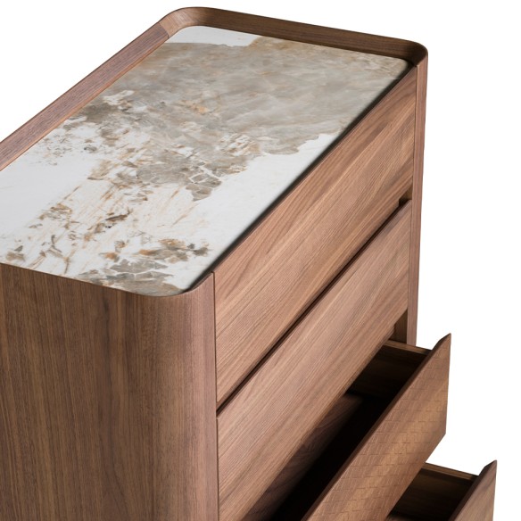 Chifonier nogal, acero visón metal y tapa de mármol porcelánico