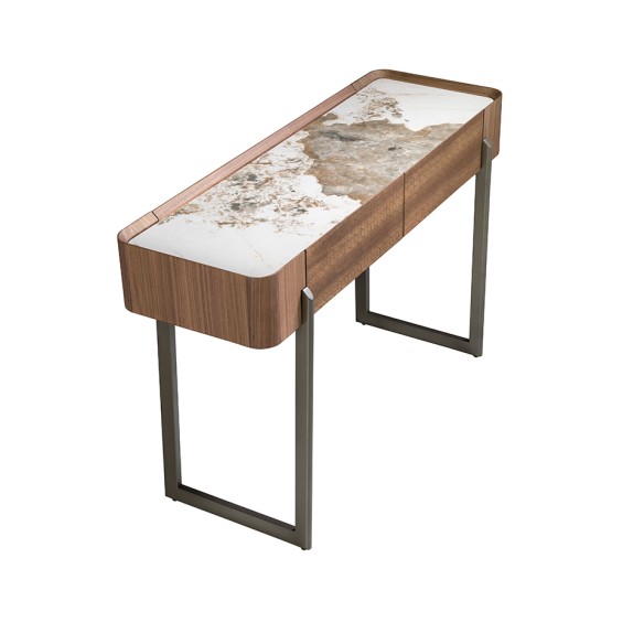 Consola rectangular mármol porcelánico, nogal y acero visón metal