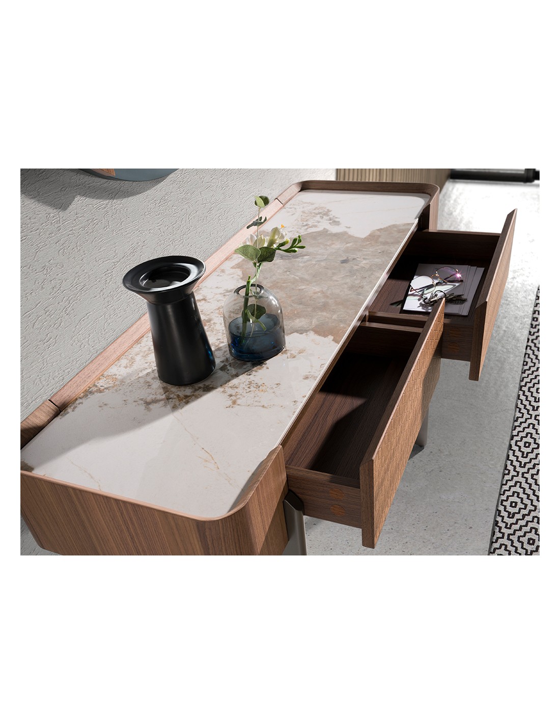 Consola rectangular mármol porcelánico, nogal y...