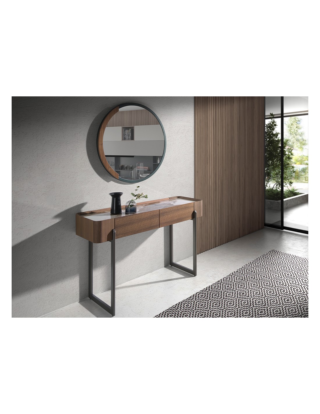 Consola rectangular mármol porcelánico, nogal y...