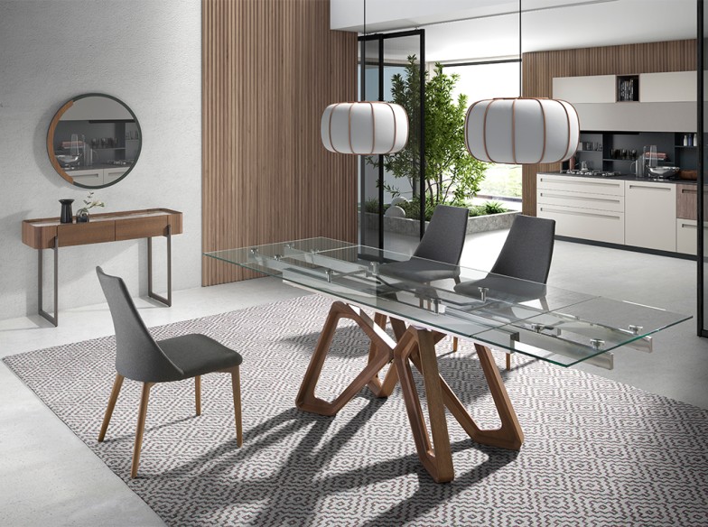 Consola rectangular mármol porcelánico, nogal y acero visón metal