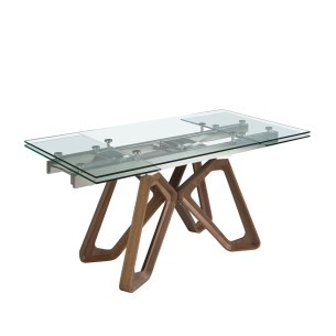 Mesa comedor extensible rectangular cristal templado y nogal
