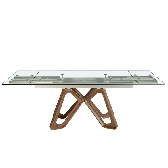 Mesa comedor extensible rectangular cristal templado y nogal