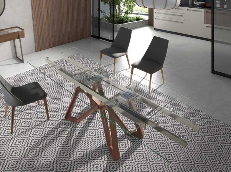 Mesa comedor extensible rectangular cristal templado y nogal