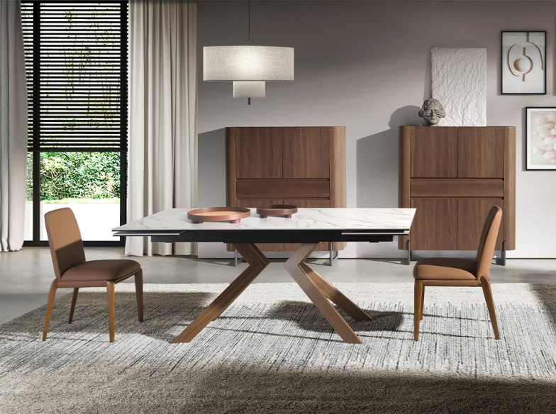 Mesa comedor extensible rectangular mármol porcelánico y nogal
