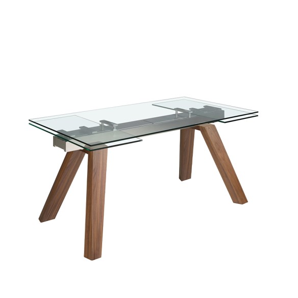 Mesa comedor extensible rectangular cristal templado y nogal
