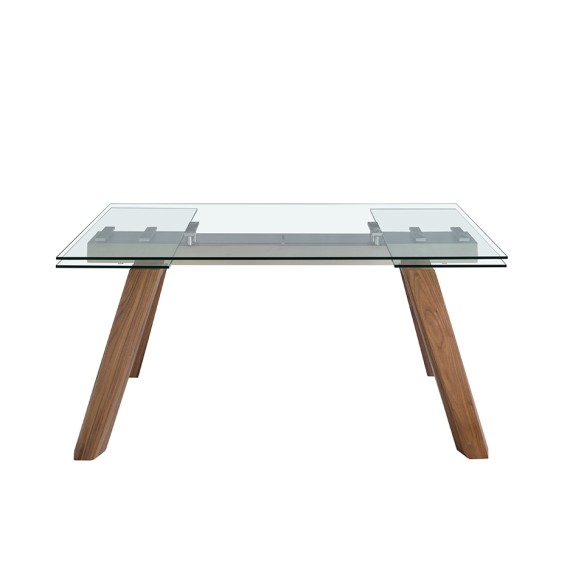Mesa comedor extensible rectangular cristal templado y nogal