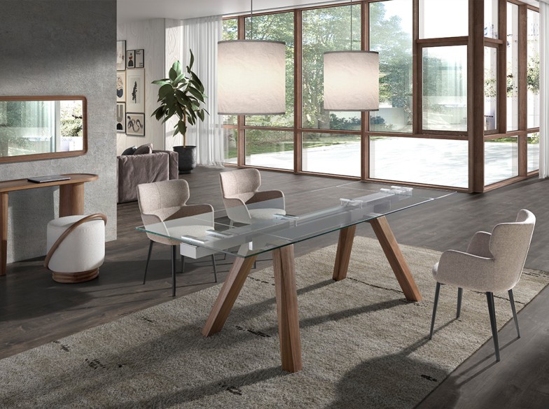 Mesa comedor extensible rectangular cristal templado y nogal
